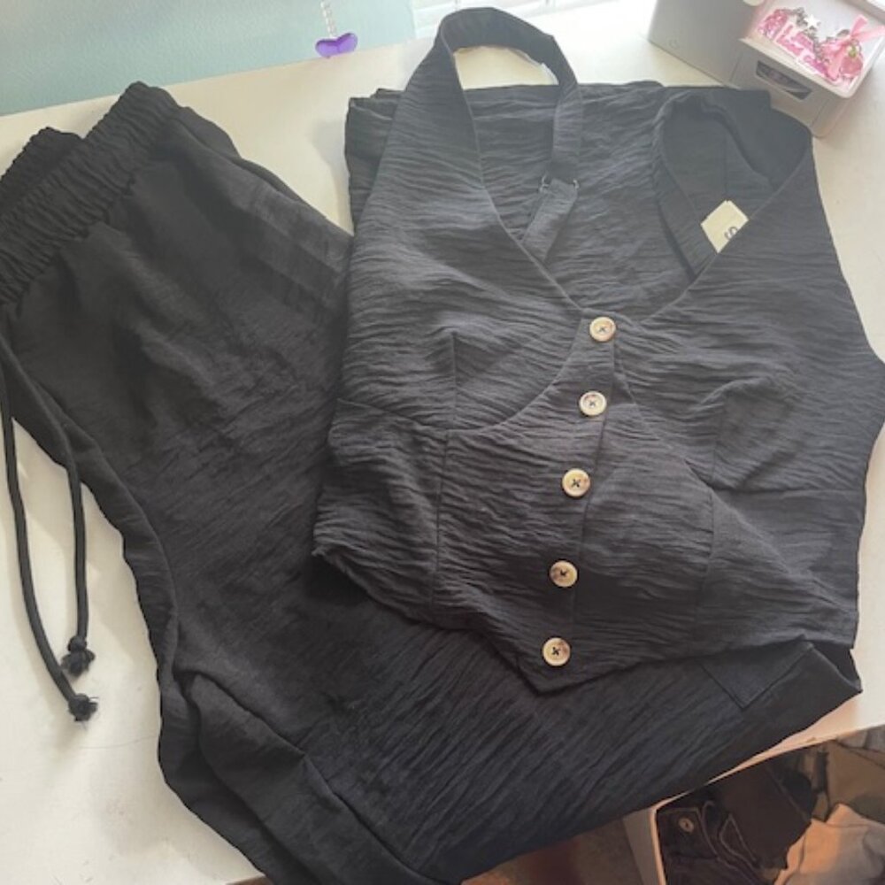 🖤 NWT Crinkle Black Matching Set | Cropped Vest + Cargo Pants (S)